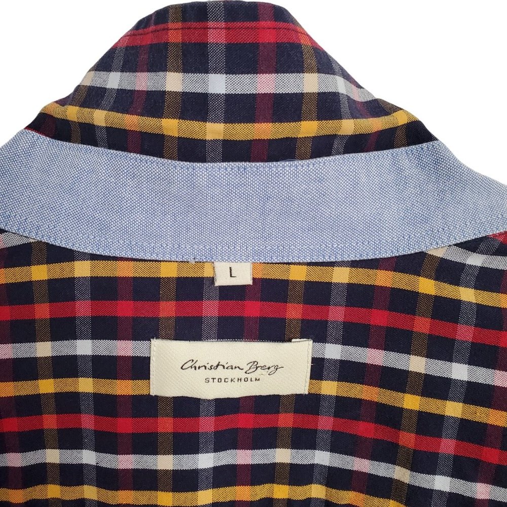 Christian Berg Stockholm Mens Size L Shirt Button Down 100% Cotton Plaid Navy - Picture 8 of 10